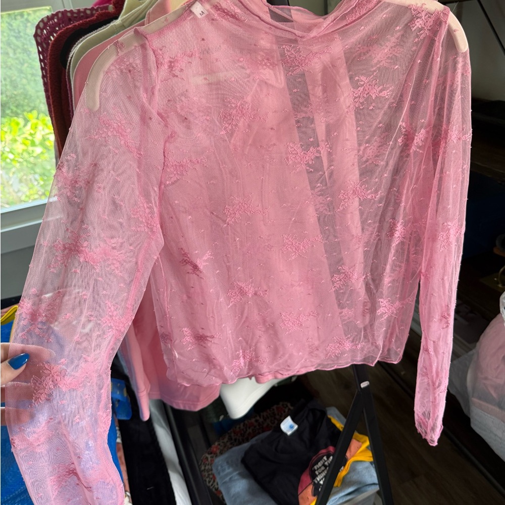 Aerie Sheer Pink Lace Blouse